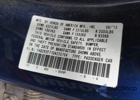 2013 Honda Accord Ex z USA, uszkodzony, nr VIN 1HGCR2F71DA235754